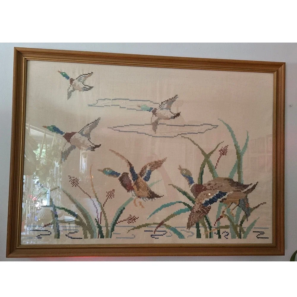 LG Vintage Framed Mallard Ducks Cross Stitch Needlepoint Wildlife Wall Art 27x38